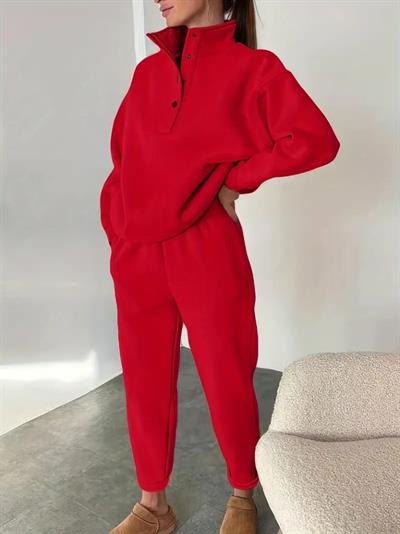 Kadın Uzun Kollu Balıkçı Dik Yakalı Düğmeli üç Iplik Bluz Ve Pantolon Ikili Takım
