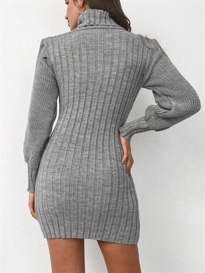 Kadın Uzun Kollu Balıkçı Yaka Beli Kuşaklı Mini Triko Elbise