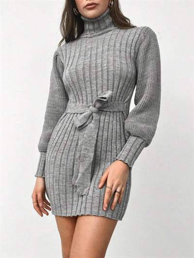 Kadın Uzun Kollu Balıkçı Yaka Beli Kuşaklı Mini Triko Elbise