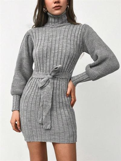 Kadın Uzun Kollu Balıkçı Yaka Beli Kuşaklı Mini Triko Elbise