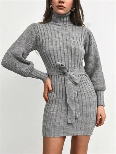 Kadın Uzun Kollu Balıkçı Yaka Beli Kuşaklı Mini Triko Elbise