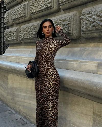 Kadın Uzun Kollu Balıkçı Yaka Gull Likralı Leopar Desen Maxi Boy Elbise