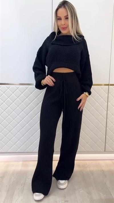 Kadın Uzun Kollu Balıkçı Yaka Kısa Triko Bluz Ve Pantolon Ikili Takım