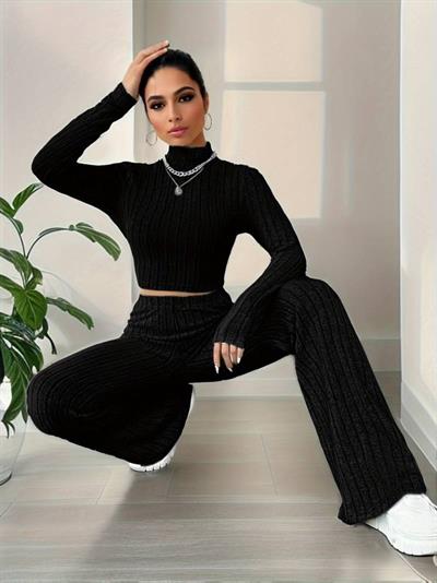 Kadın Uzun Kollu Balıkçı Yaka Krop Ve Pantolon şardonlu Kaşkorse Ikili Takım