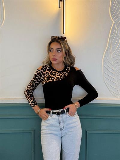 Kadın Uzun Kollu Balıkçı Yaka Leopar Detaylı Bluz