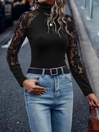 Kadın Uzun Kollu Balıkçı Yaka Tül Detaylı Kaşkorse Bluz