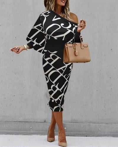 Kadın Uzun Kollu Bel Ve Kol Ribana Detay Geometrik Desen Mikro Midi Elbise