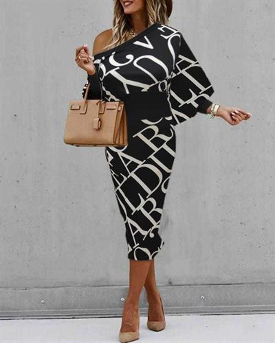 Kadın Uzun Kollu Bel Ve Kol Ribana Detay Geometrik Desen Mikro Midi Elbise