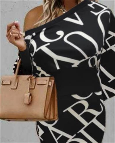 Kadın Uzun Kollu Bel Ve Kol Ribana Detay Geometrik Desen Mikro Midi Elbise