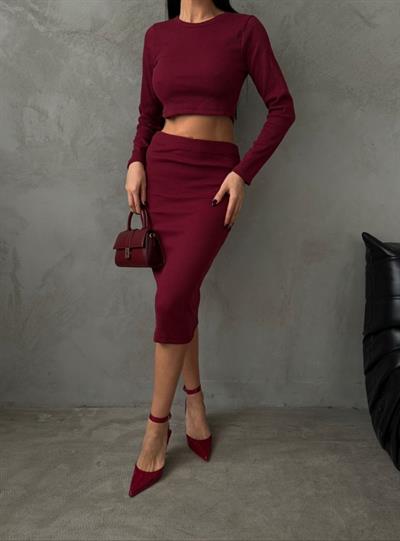 Kadın Uzun Kollu Bisiklet Yaka Crop Ve Midi Boy Kaşkorse Kumaş Etek Ikili Takım