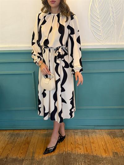 Kadın Uzun Kollu Bisiklet Yaka Geometrik Desenli Midi Dalgıç Elbise