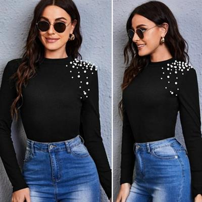 Kadın Uzun Kollu Bisiklet Yaka Inci Detaylı Kaşkorse Bluz