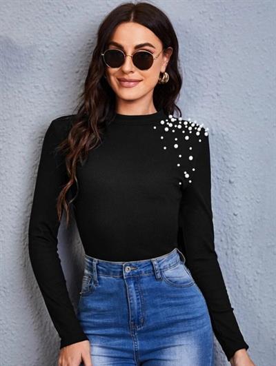 Kadın Uzun Kollu Bisiklet Yaka Inci Detaylı Kaşkorse Bluz