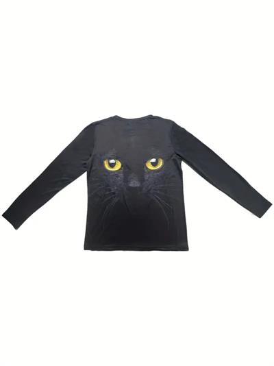 Kadın Uzun Kollu Bisiklet Yaka Kedi Desenli Süprem Bluz