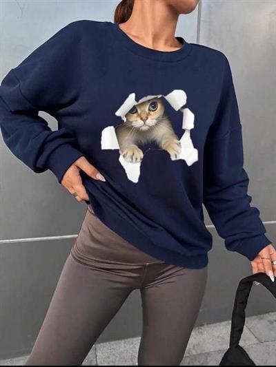 Kadın Uzun Kollu Bisiklet Yaka Kedi Desenli Viskon Iki Iplik Bluz