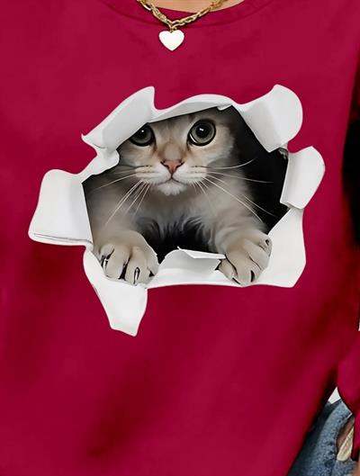 Kadın Uzun Kollu Bisiklet Yaka Kedi Desenli Viskon Iki Iplik Bluz