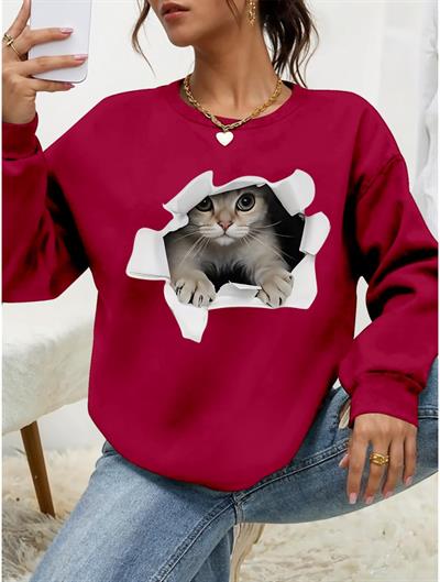 Kadın Uzun Kollu Bisiklet Yaka Kedi Desenli Viskon Iki Iplik Bluz