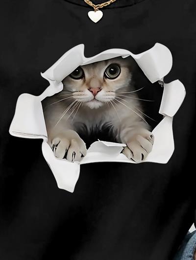 Kadın Uzun Kollu Bisiklet Yaka Kedi Desenli Viskon Iki Iplik Bluz