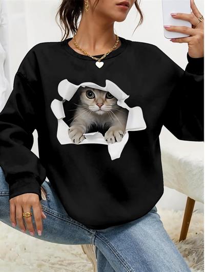 Kadın Uzun Kollu Bisiklet Yaka Kedi Desenli Viskon Iki Iplik Bluz