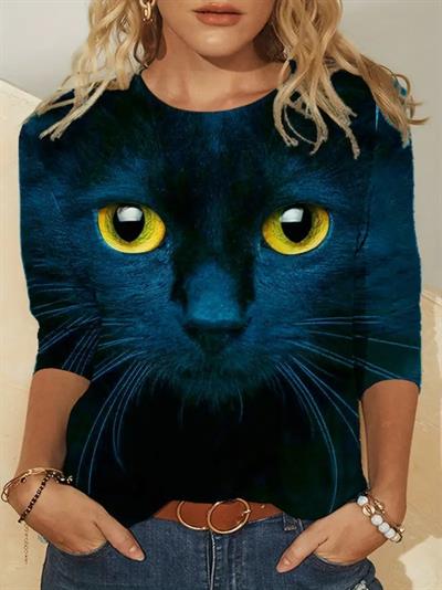 Kadın Uzun Kollu Bisiklet Yaka Kedi Desenli Süprem Bluz