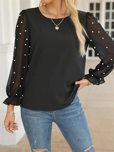 Kadın Uzun Kollu Bisiklet Yaka Kollar Incili Tül Detaylı Ithal Krep Bluz