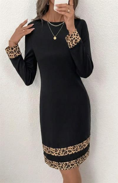 Kadın Uzun Kollu Bisiklet Yaka Mini Ithal Krep Elbise