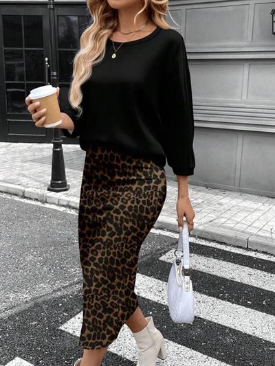Kadın Uzun Kollu Bisiklet Yaka Modal Bluz Ve Leopar Desenli Etek Ikili Takım