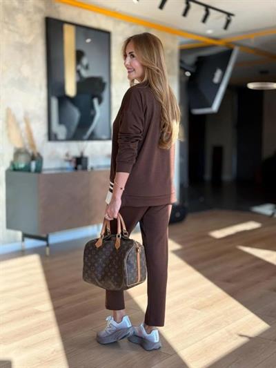 Kadın Uzun Kollu Bisiklet Yaka Ribana Detay Sweat Ve Pantolon Ikili Takım