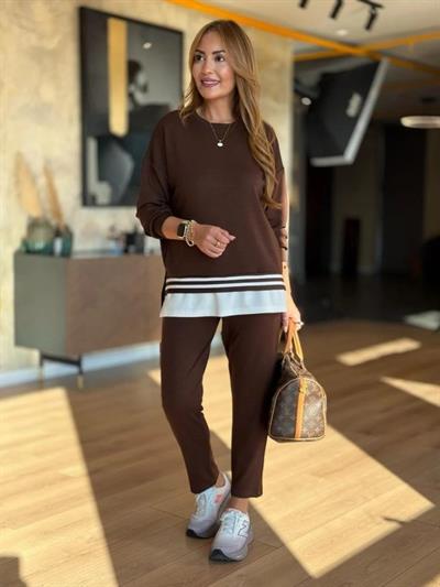 Kadın Uzun Kollu Bisiklet Yaka Ribana Detay Sweat Ve Pantolon Ikili Takım