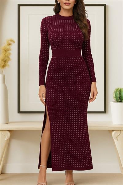 Kadın Uzun Kollu Bisiklet Yaka Taşlı Midi Kadife Elbise