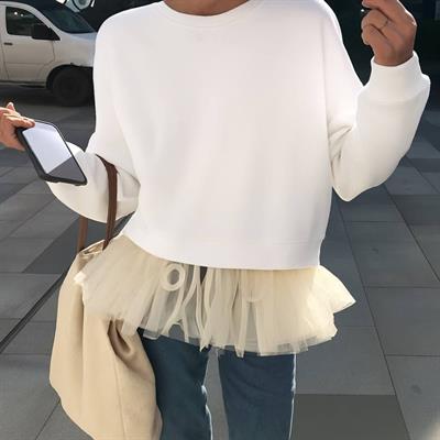 Kadın Uzun Kollu Bisiklet Yaka Tül Volan Detay üç Iplik Sweat