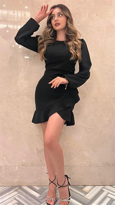 Kadın Uzun Kollu Bisiklet Yaka önden Volanlı Ithal Krep Elbise