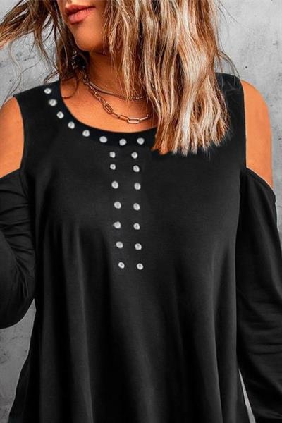 Kadın Uzun Kollu Bisiklet Yaka önü Taşlı Omuzu Açık Etek Ucu Asimetrik Kesim Viskon Bluz