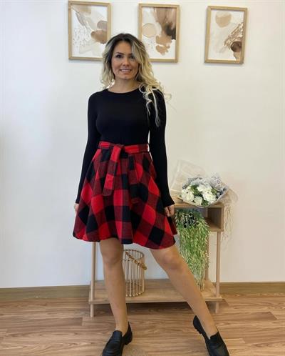 Kadın Uzun Kollu Bisiklet Yaka üst Viskon Alt Ekose Kısa Elbise