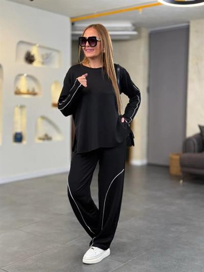 Kadın Uzun Kollu Biye Detay Modal Kumaş Salaş Ikili Takım