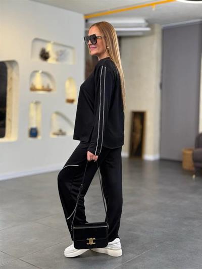 Kadın Uzun Kollu Biye Detay Modal Kumaş Salaş Ikili Takım