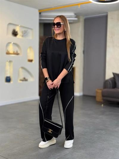 Kadın Uzun Kollu Biye Detay Modal Kumaş Salaş Ikili Takım