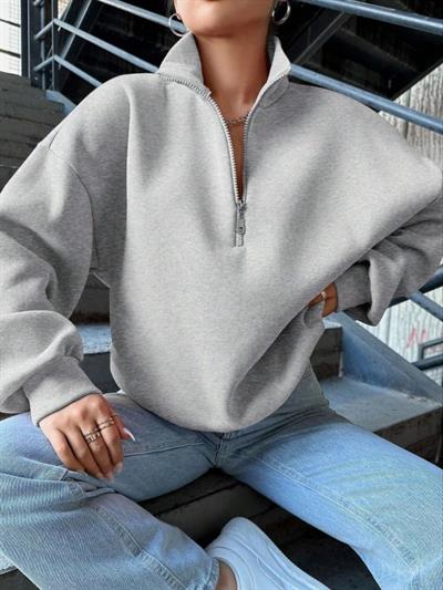 Kadın Uzun Kollu Boğazlı Yaka Fermuar Detay üç Iplik şardonlu Sweat
