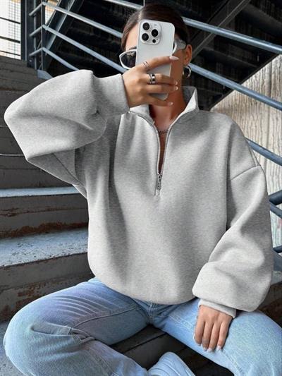 Kadın Uzun Kollu Boğazlı Yaka Fermuar Detay üç Iplik şardonlu Sweat
