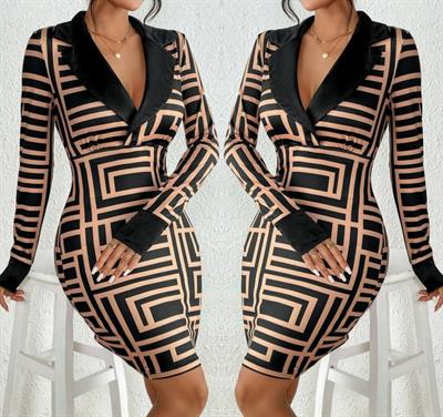 Kadın Uzun Kollu Ceket Yaka Labirent Desen Mikro Mini Elbise