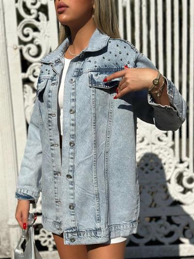 Kadın Uzun Kollu Cep Ve Inci Detay Kot Ceket