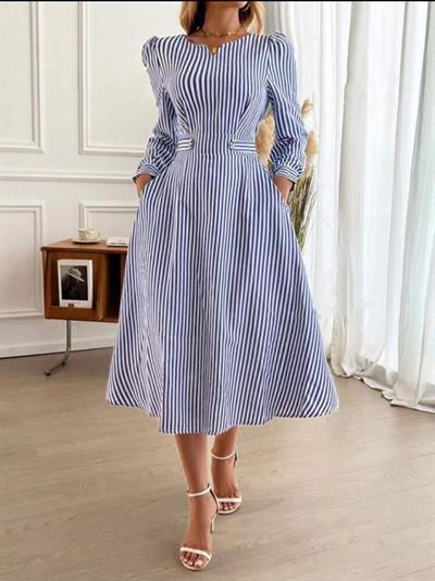 Kadın Uzun Kollu Cepli Trikoton Midi Elbise