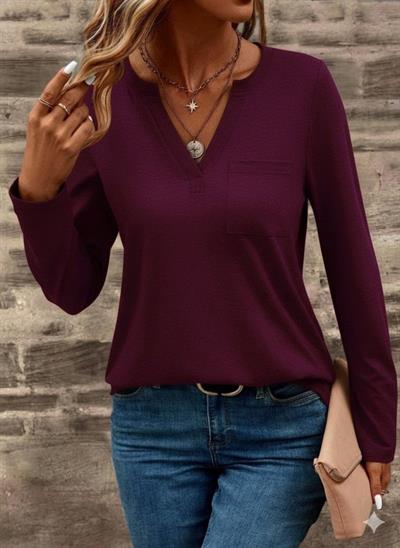 Kadın Uzun Kollu Cepli V Yakalı Viskon Iki Iplik Mürdüm Bluz