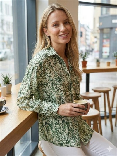 Kadın Uzun Kollu Dalgalı Desen Baskılı Gömlek