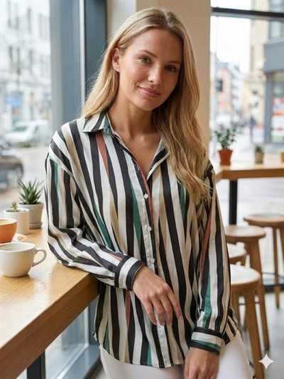 Kadın Uzun Kollu Dalgalı Desen Baskılı Gömlek