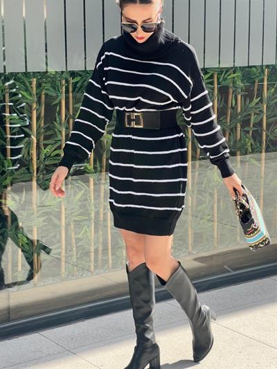Kadın Uzun Kollu Degaje Yaka çizgili Sonya Iplik Mini Boy Triko Elbise (kemersiz)