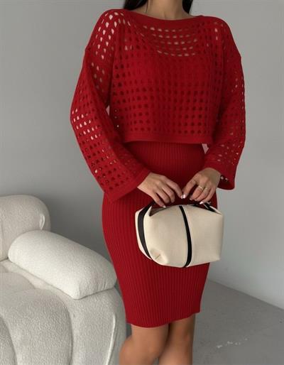 Kadın Uzun Kollu Delikli Kazak Askılı Elbise Triko Ikili Takım
