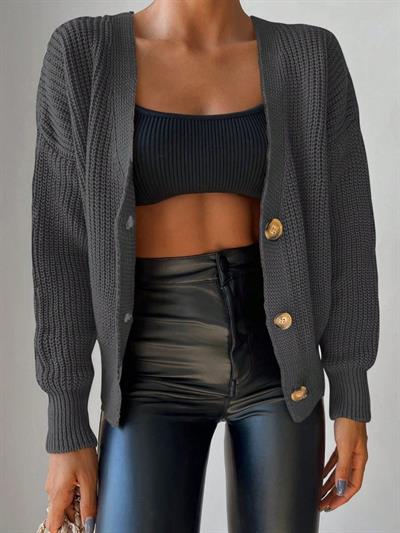 Kadın Uzun Kollu Düğme Detay Triko Bluz