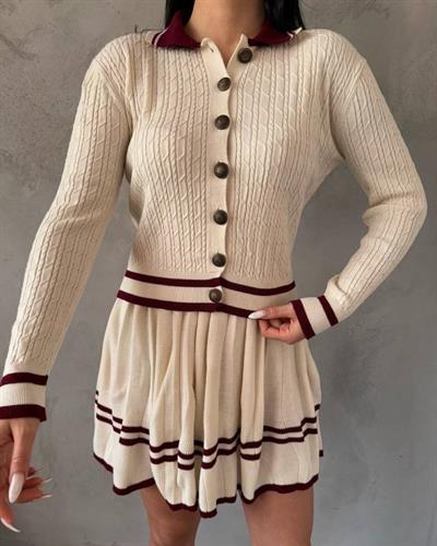 Kadın Uzun Kollu Düğme Ve Ribana Detay Triko Hırka Ve şerit Detay Pileli Etek Ikili Takım