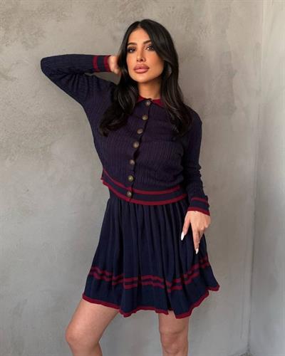 Kadın Uzun Kollu Düğme Ve Ribana Detay Triko Hırka Ve şerit Detay Pileli Etek Ikili Takım